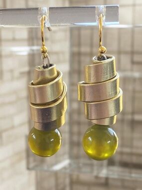 Gold Spiral Drop Earrings with Olive Green Glass Bead